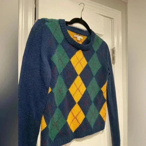 American Eagle Soft Cropped Blue Argyle Crew Neck Pullover Sweater Size XS - Picture 7 of 10